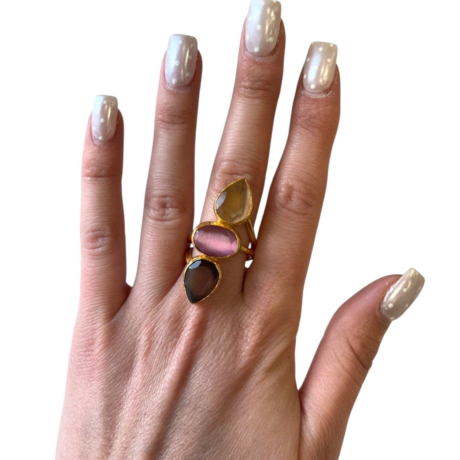 Hand wearing a ring with multicolored stones on a white background