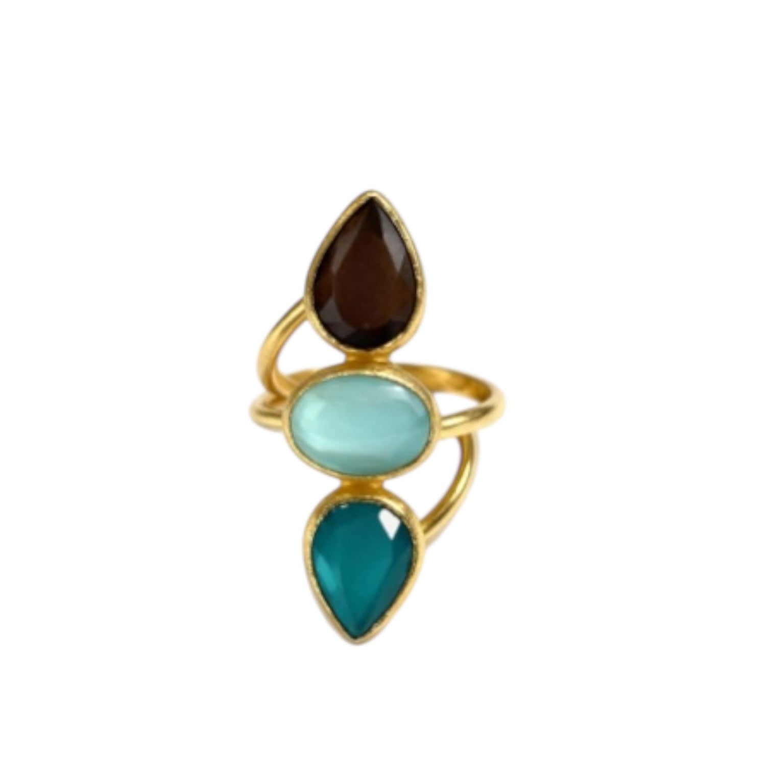 Gold ring with three teardrop-shaped gemstones on a white background