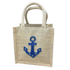 Jute bag with a blue anchor design on a white background