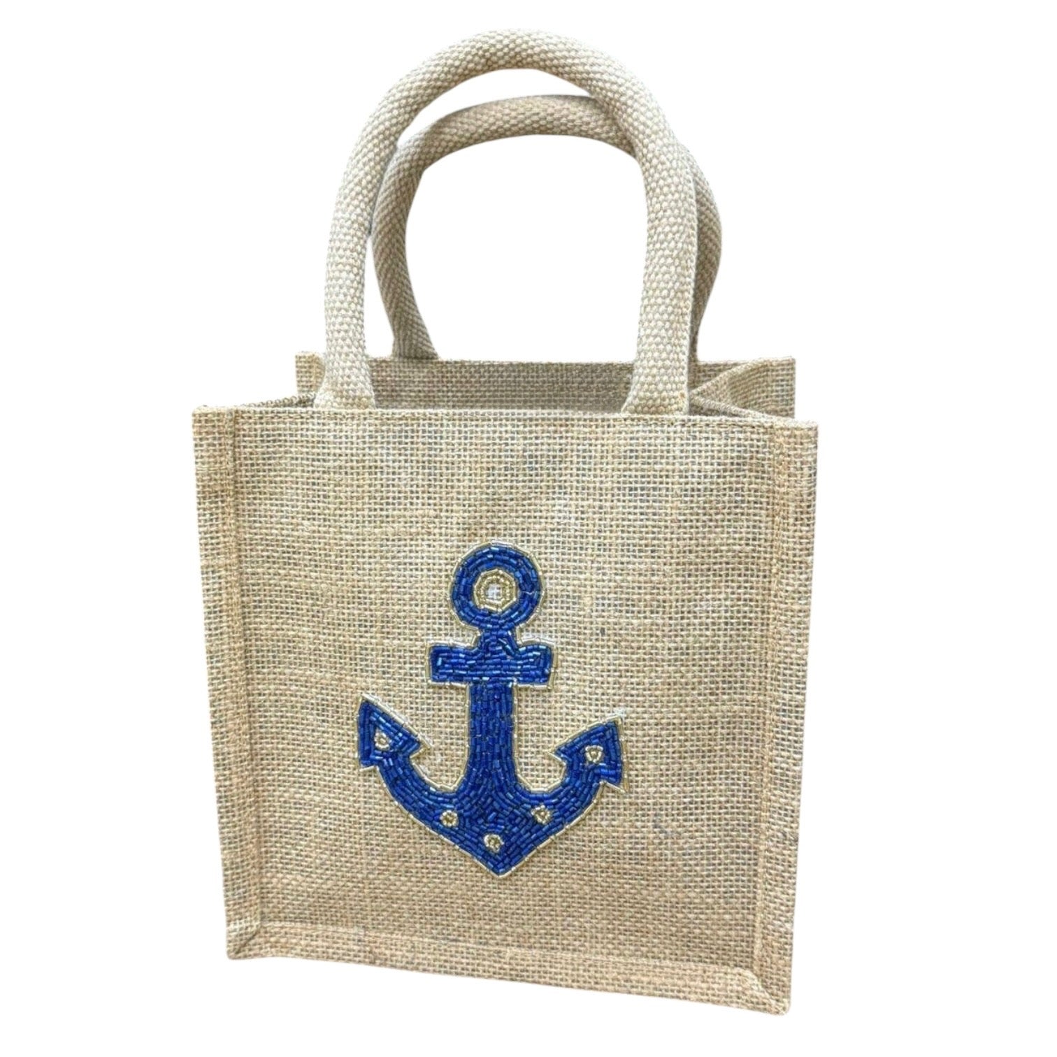 Jute bag with a blue anchor design on a white background