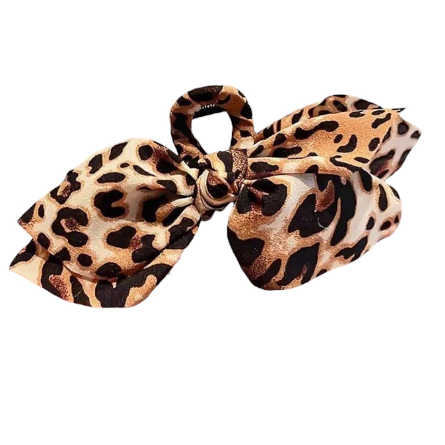 A leopard print hair bow accessory with a beige, brown, and black animal pattern, isolated on a white background.
