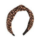 A leopard print fabric headband with a twisted knot detail at the top, shown against a plain white background.