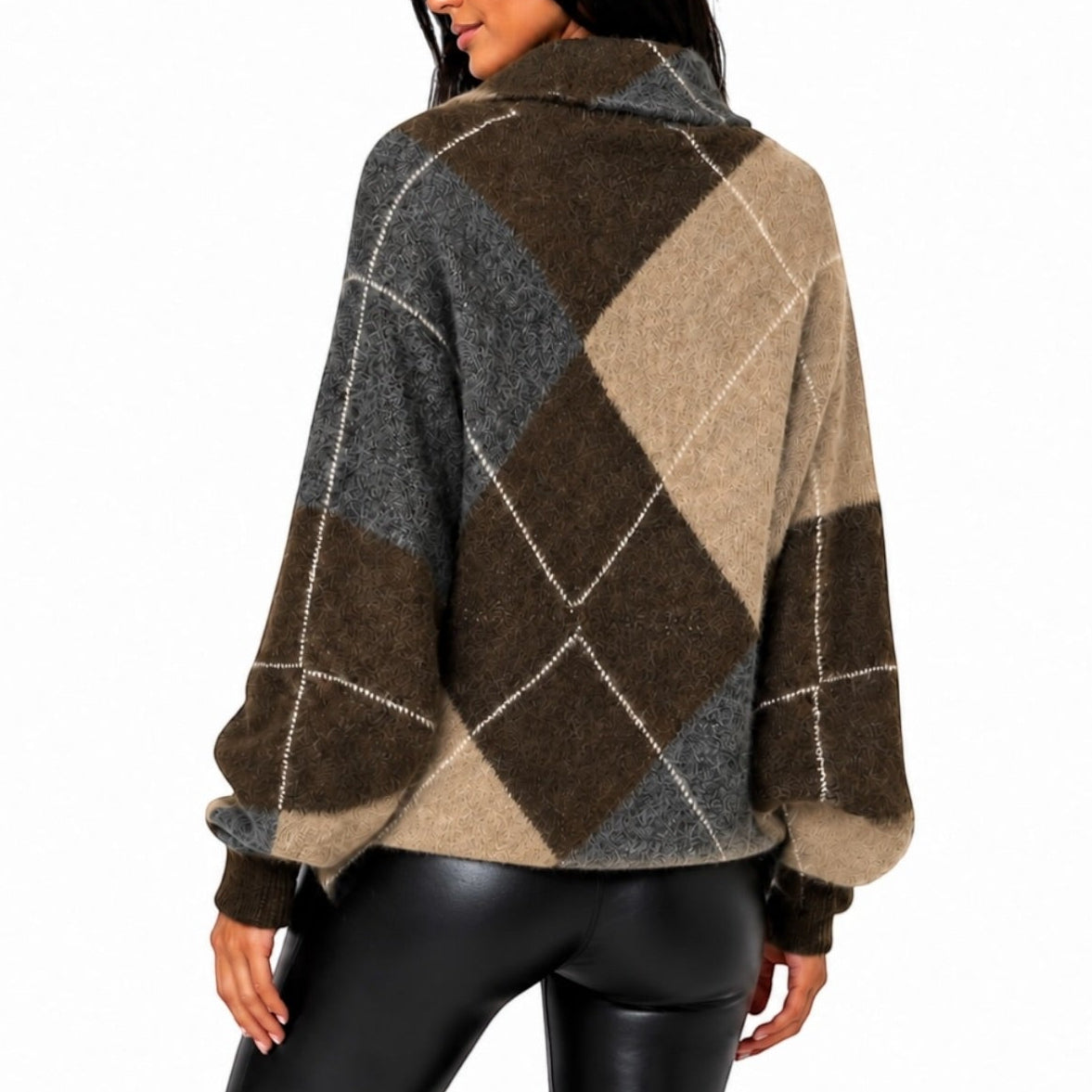 A woman shown from the back wearing a fuzzy argyle sweater with brown, beige, and gray diamonds outlined in white, paired with black leggings, against a plain white background.