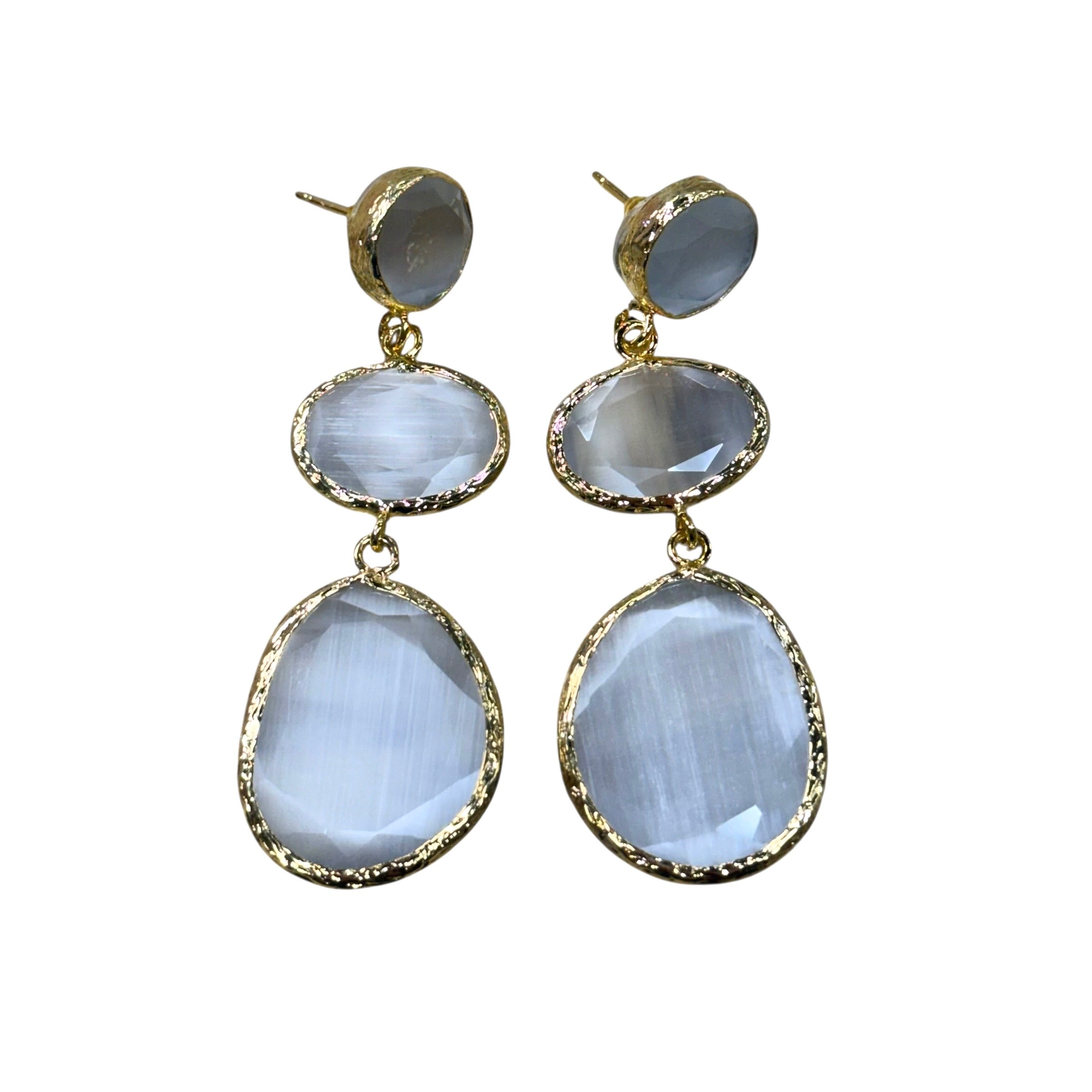 Pair of gold and blue cat's eye stone earrings on a white background