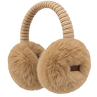 Beige faux fur earmuffs with a thick ribbed knit headband, shown on a solid white background.