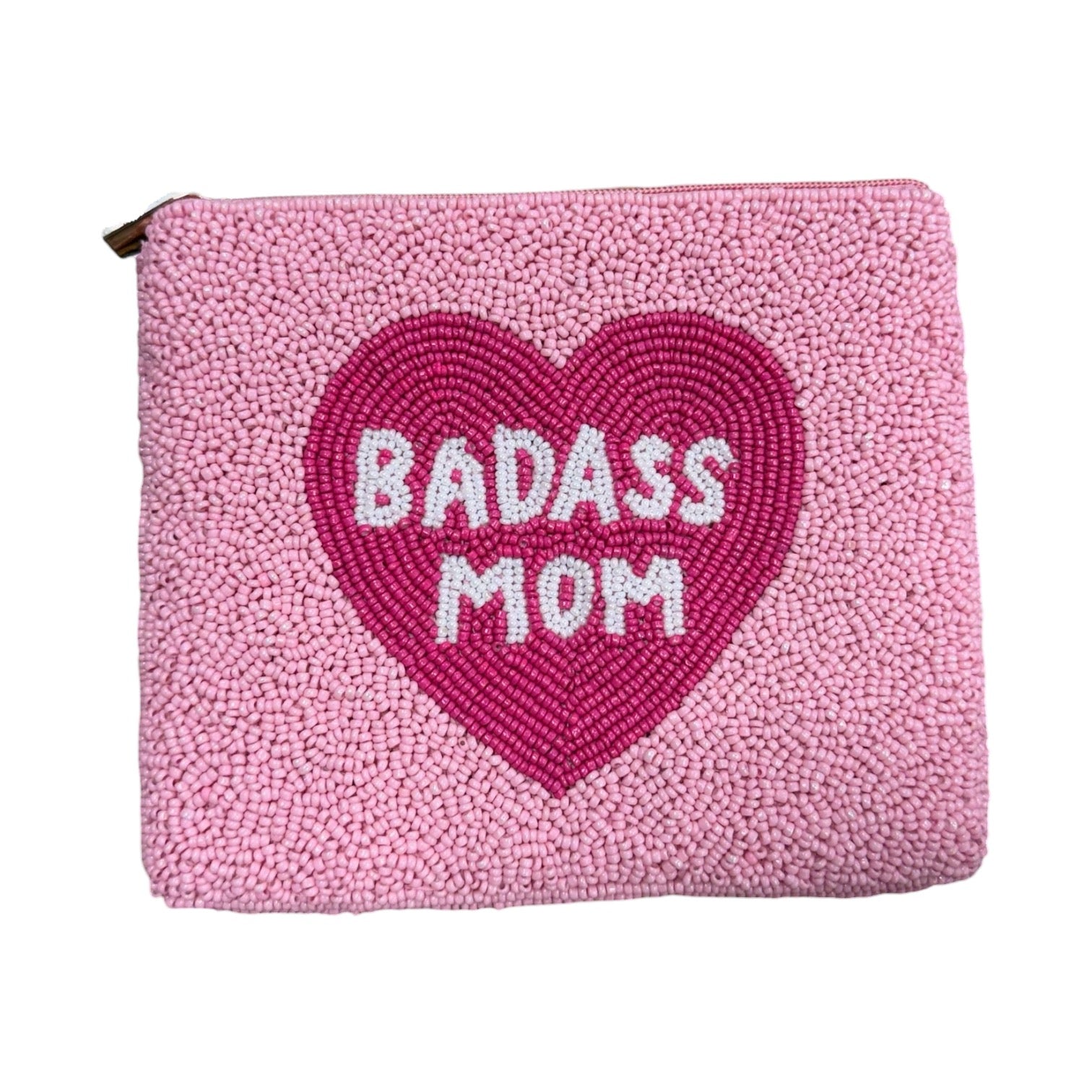 pink beaded coin purse with "BADASS MOM" in a pink heart on white background