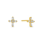 Gold cross-shaped earrings with clear gemstones on a white background