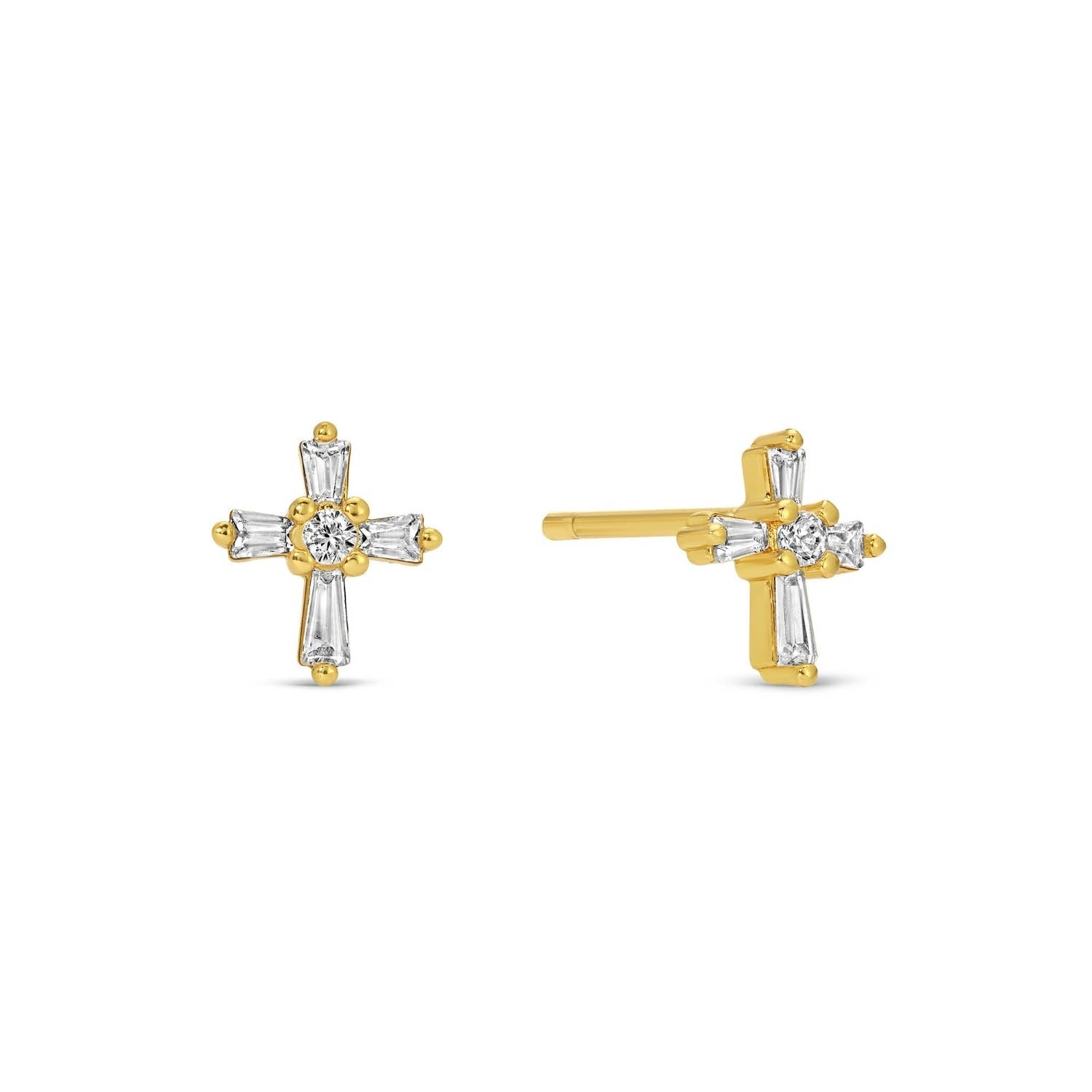 Gold cross-shaped earrings with clear gemstones on a white background