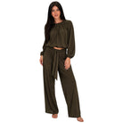 A woman modeling a matching two-piece lounge set in olive green, featuring a long-sleeve cropped top with a gathered neckline and wide-leg pants with a tie waist, set against a plain white background.