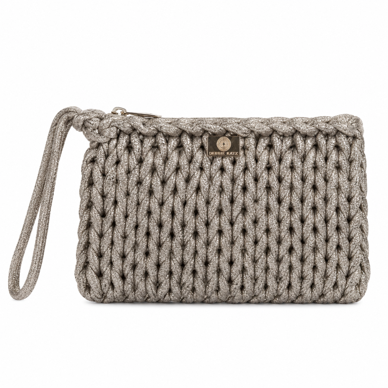 Knitted clutch bag with a visible brand logo on a white background