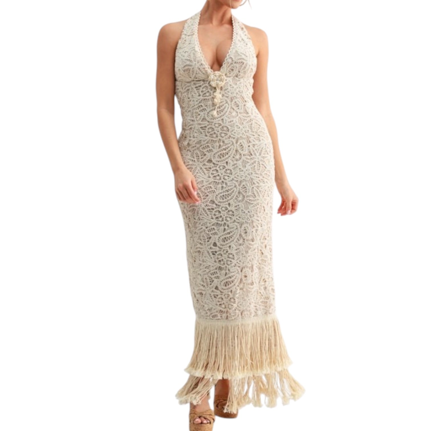 Beige lace dress with fringe hem on a white background