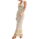 Beige lace dress with fringe hem on a white background