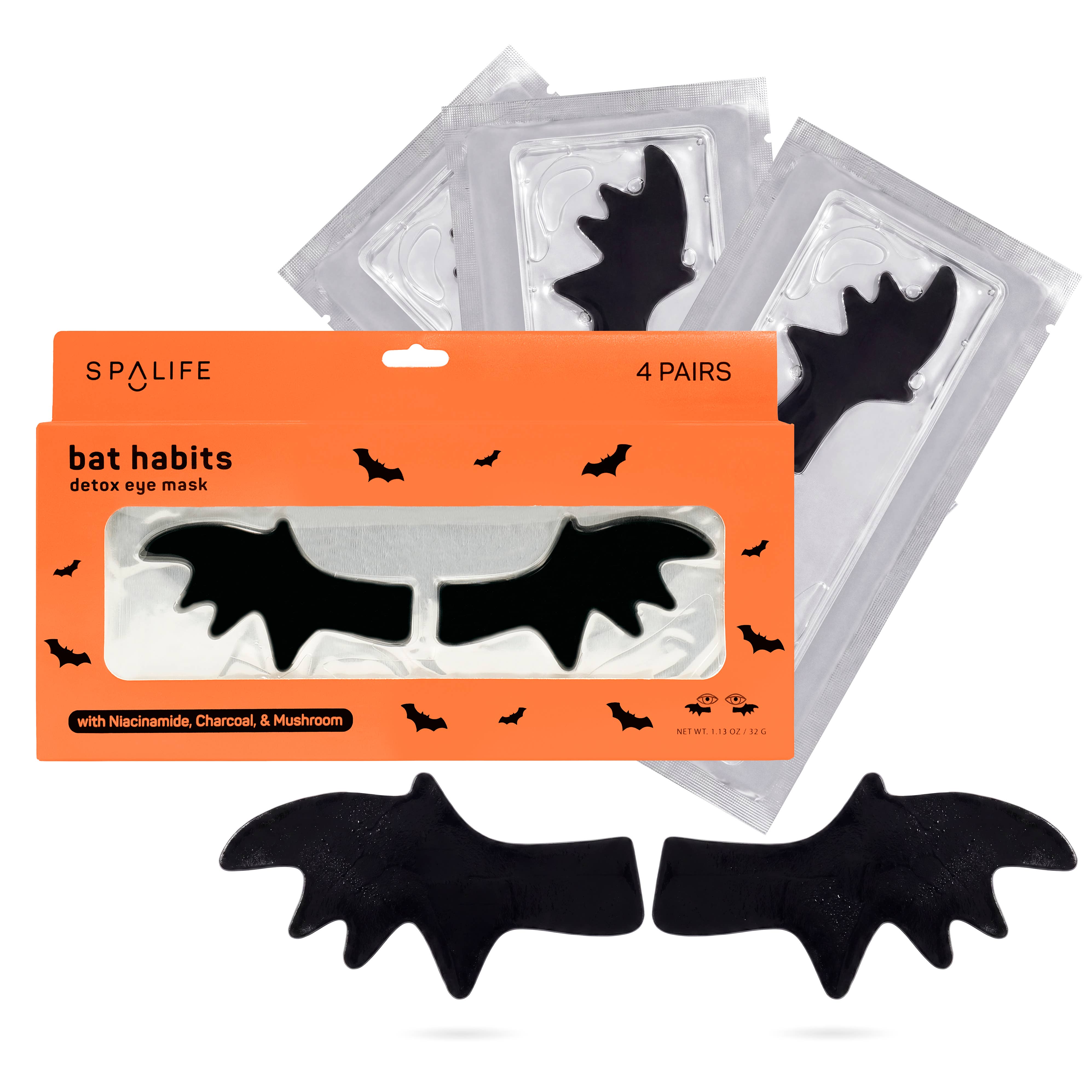 Spalife bat habits detox eye mask packaging with black bat-shaped masks on a white background