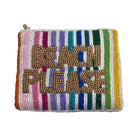Striped pouch with 'Beach Please' text on a white background