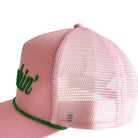 Pink mesh cap with green logo on a white background
