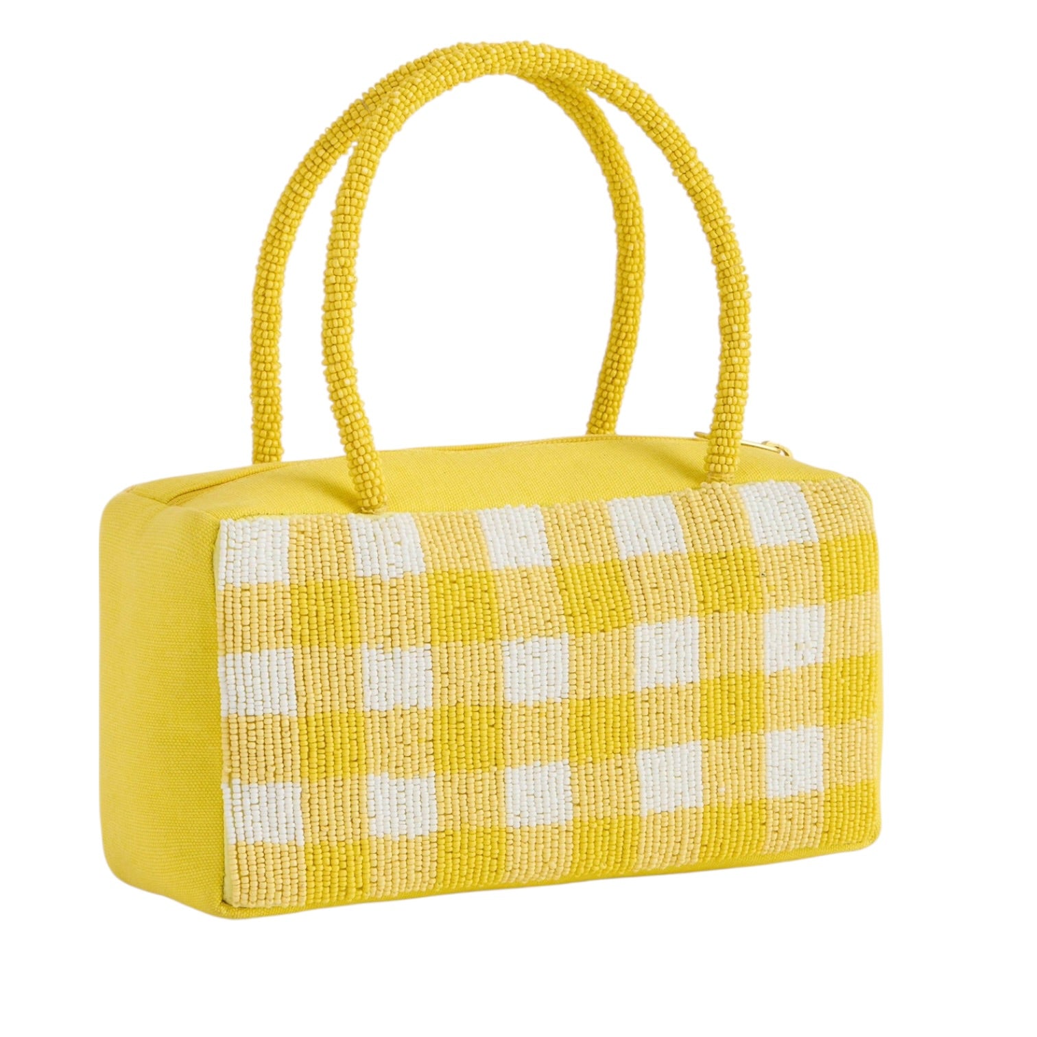 Yellow handbag with a checkered pattern on a white background