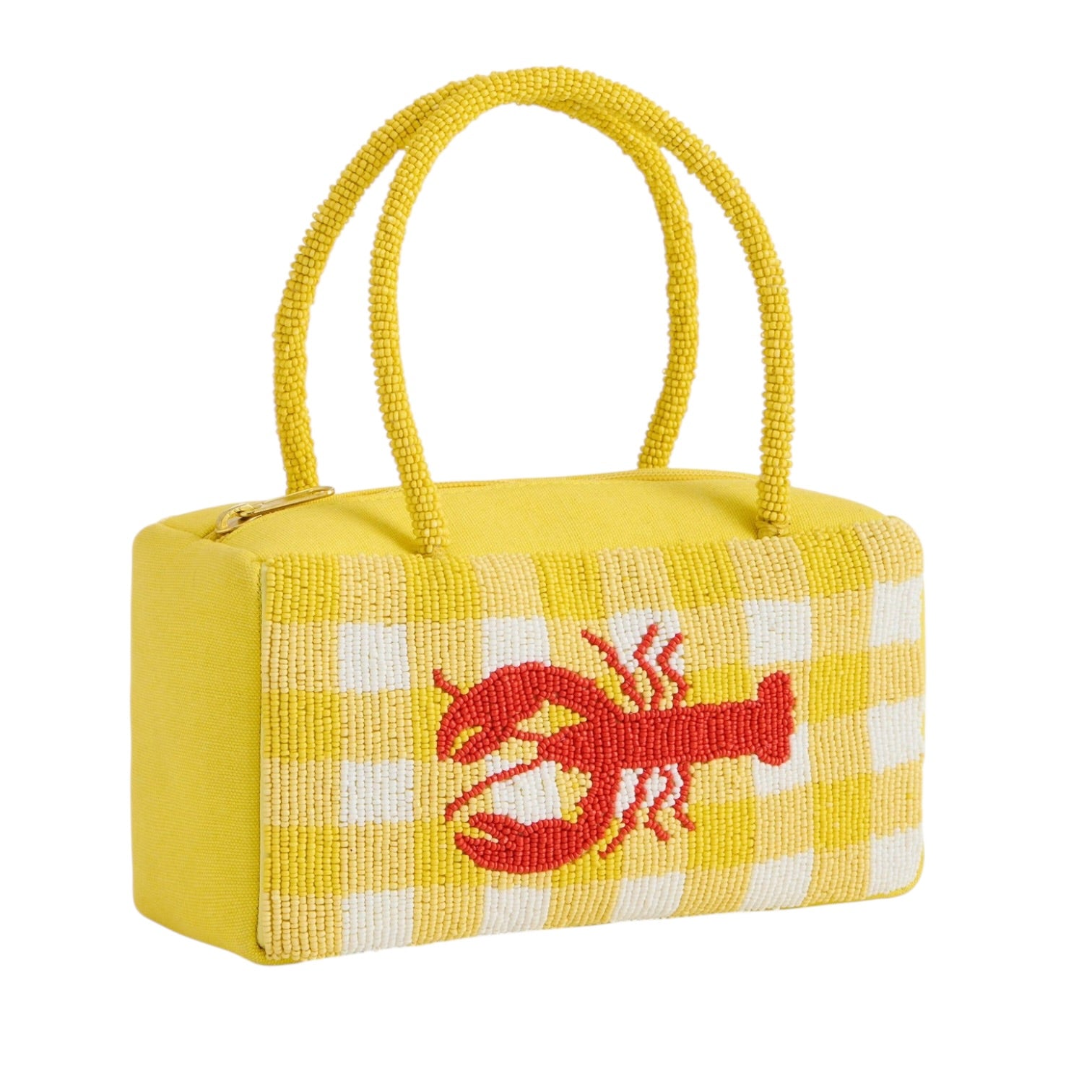 Yellow checkered handbag with a red lobster design on a white background