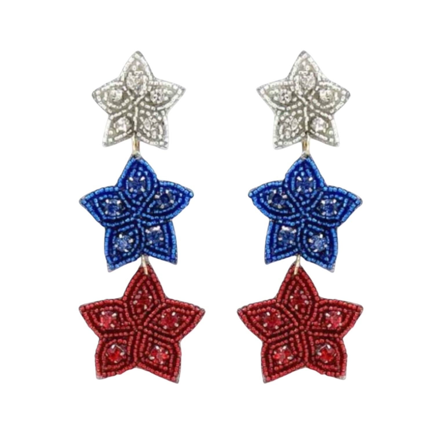 Star-shaped earrings in red, white, and blue on a white background