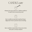 Candle care instructions with illustrations on a beige background