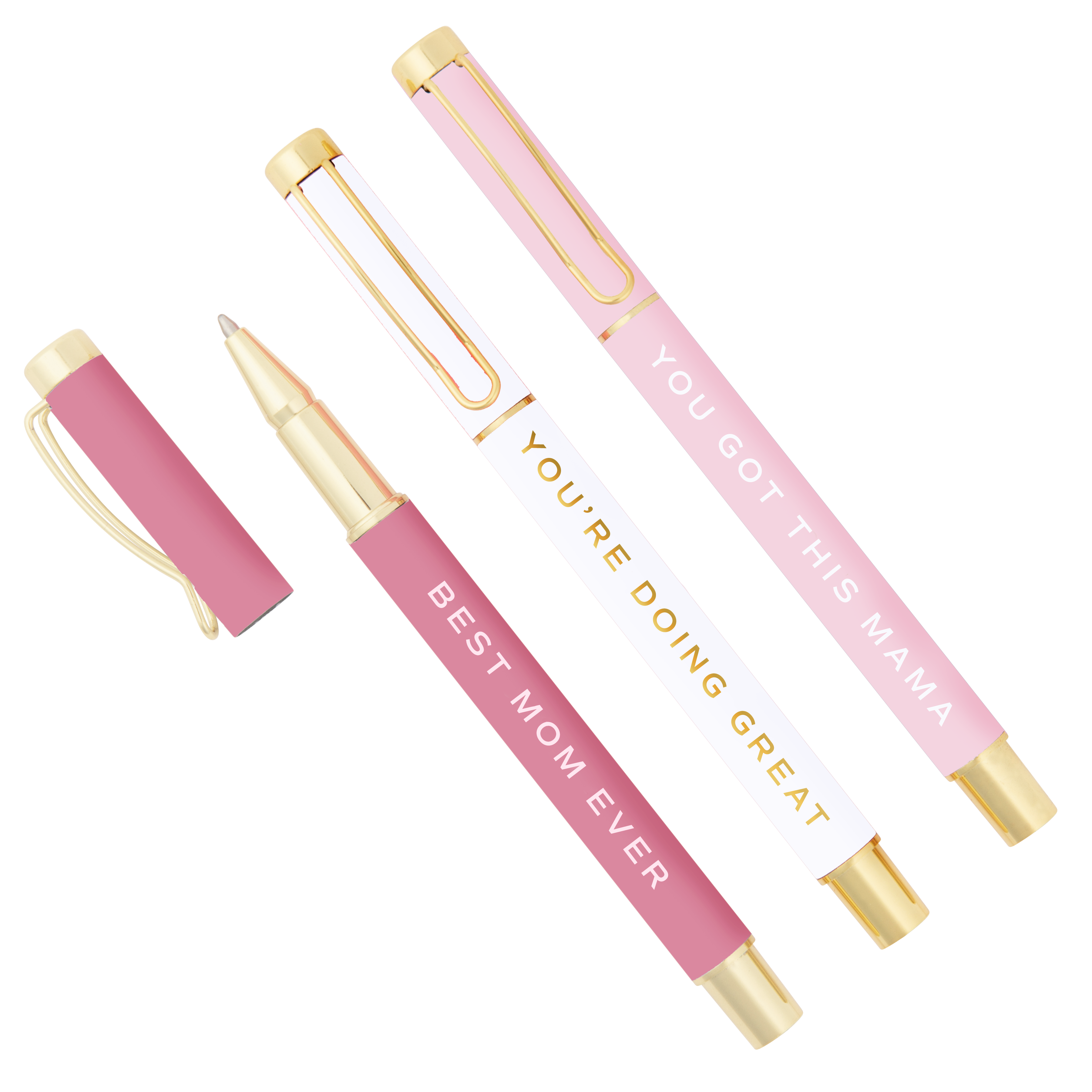 Two pink pens with gold accents and motivational text on a white background