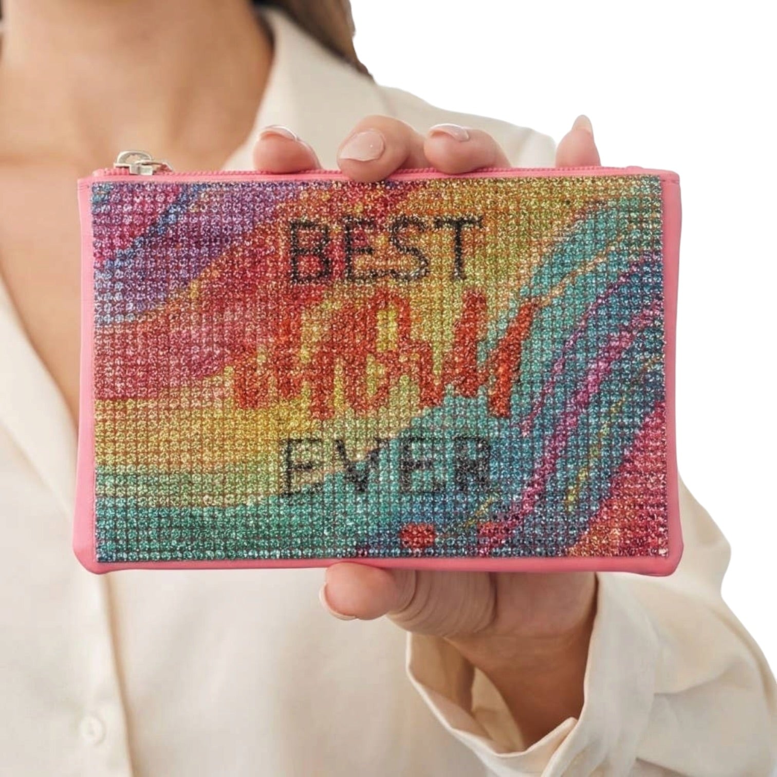 Colorful pouch with 'Best Mom Ever' text held by a person