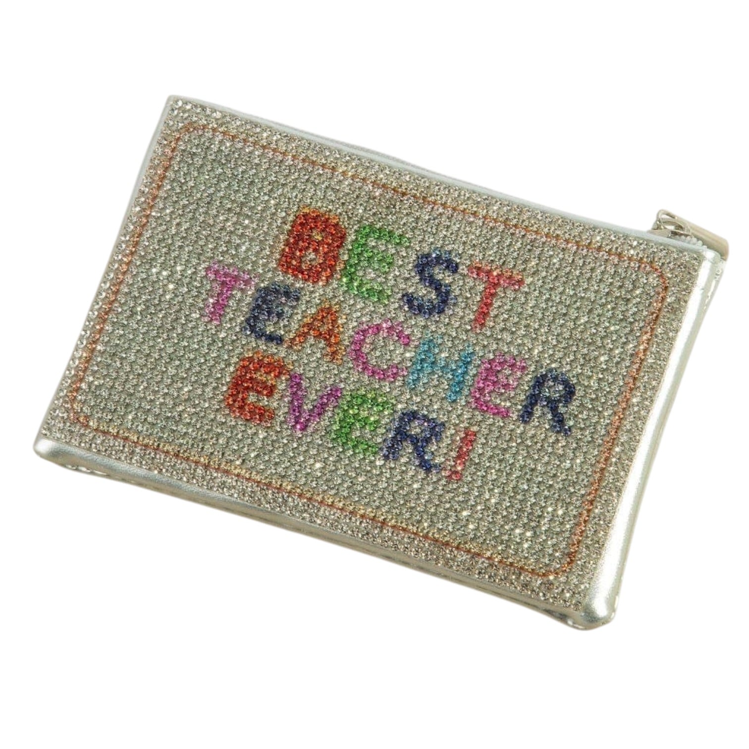 Small pouch with 'BEST TEACHER EVER!' text in colorful letters on a white background