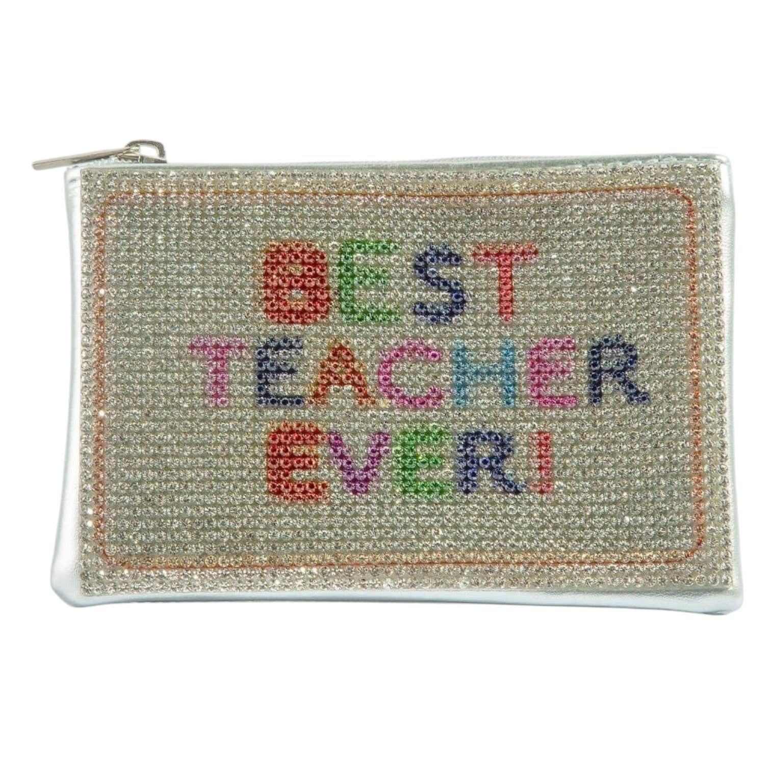 Pouch with 'Best Teacher Ever!' text in colorful letters on a white background