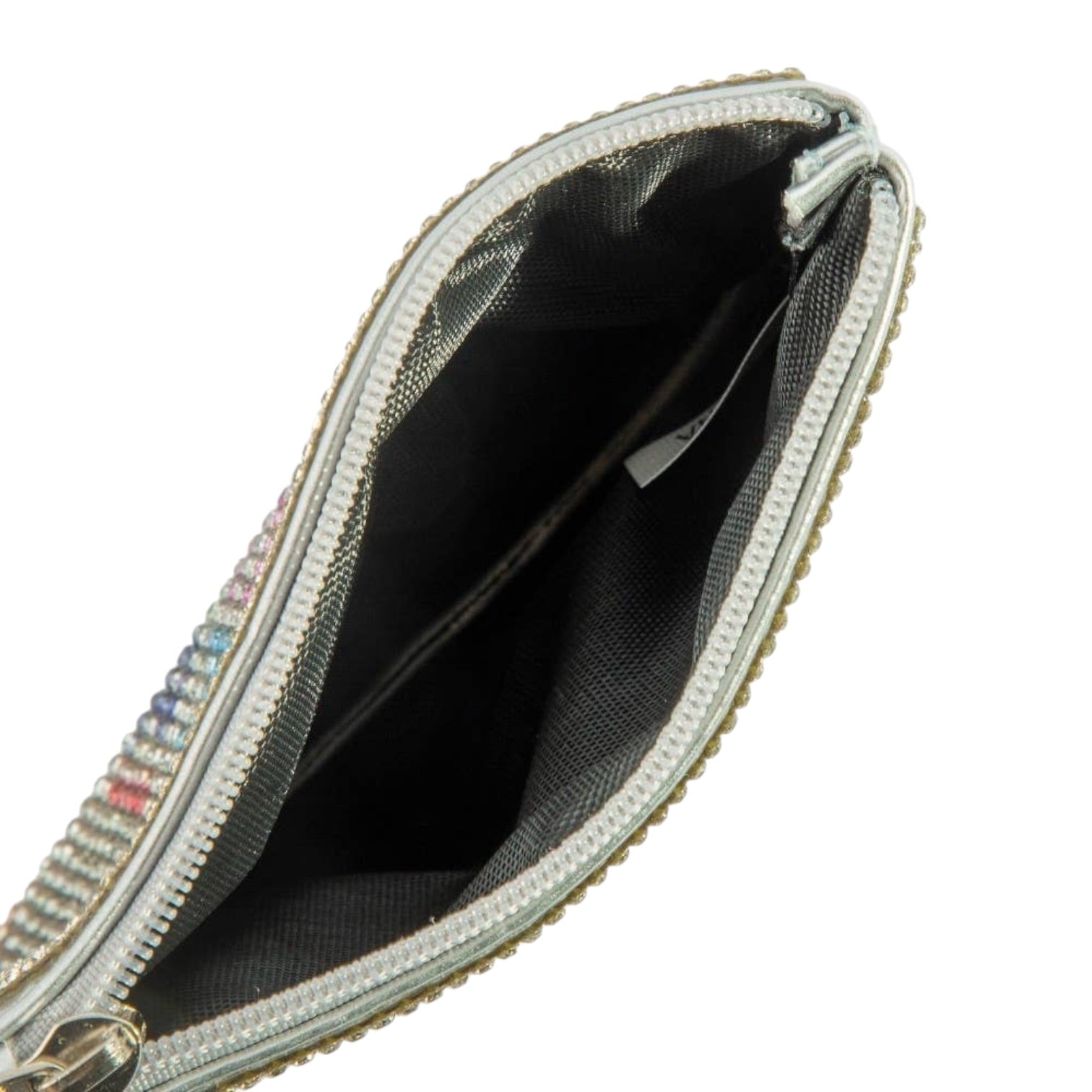 Silver clutch with gemstone embellishments on a white background