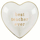 Heart-shaped white plate with gold text 'best teacher ever' on a white background