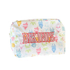 Cosmetic bag with 'Bikinis' text and swimsuit pattern, accompanied by sunglasses on a white background