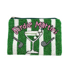 Beaded pouch with 'Birdie Martini' design on a green and white striped background