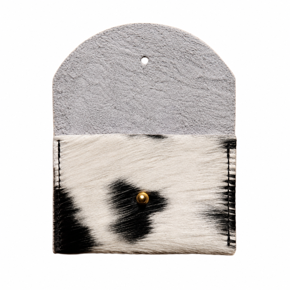 A small leather pouch with a split design, featuring a textured light gray suede-like top flap and a lower front pocket in black and white cowhide with a small gold snap button.