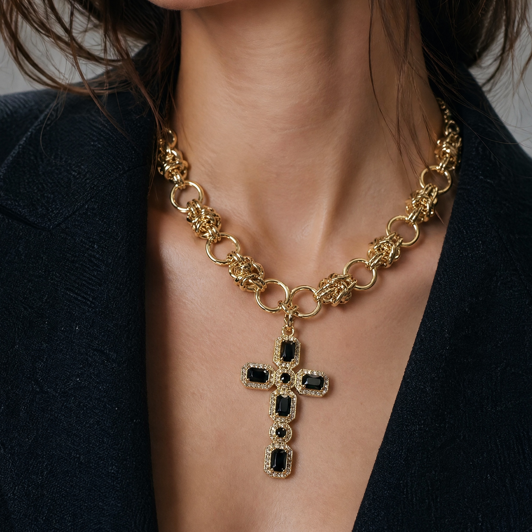 Black CZ Cross Byzantine Chain Necklace