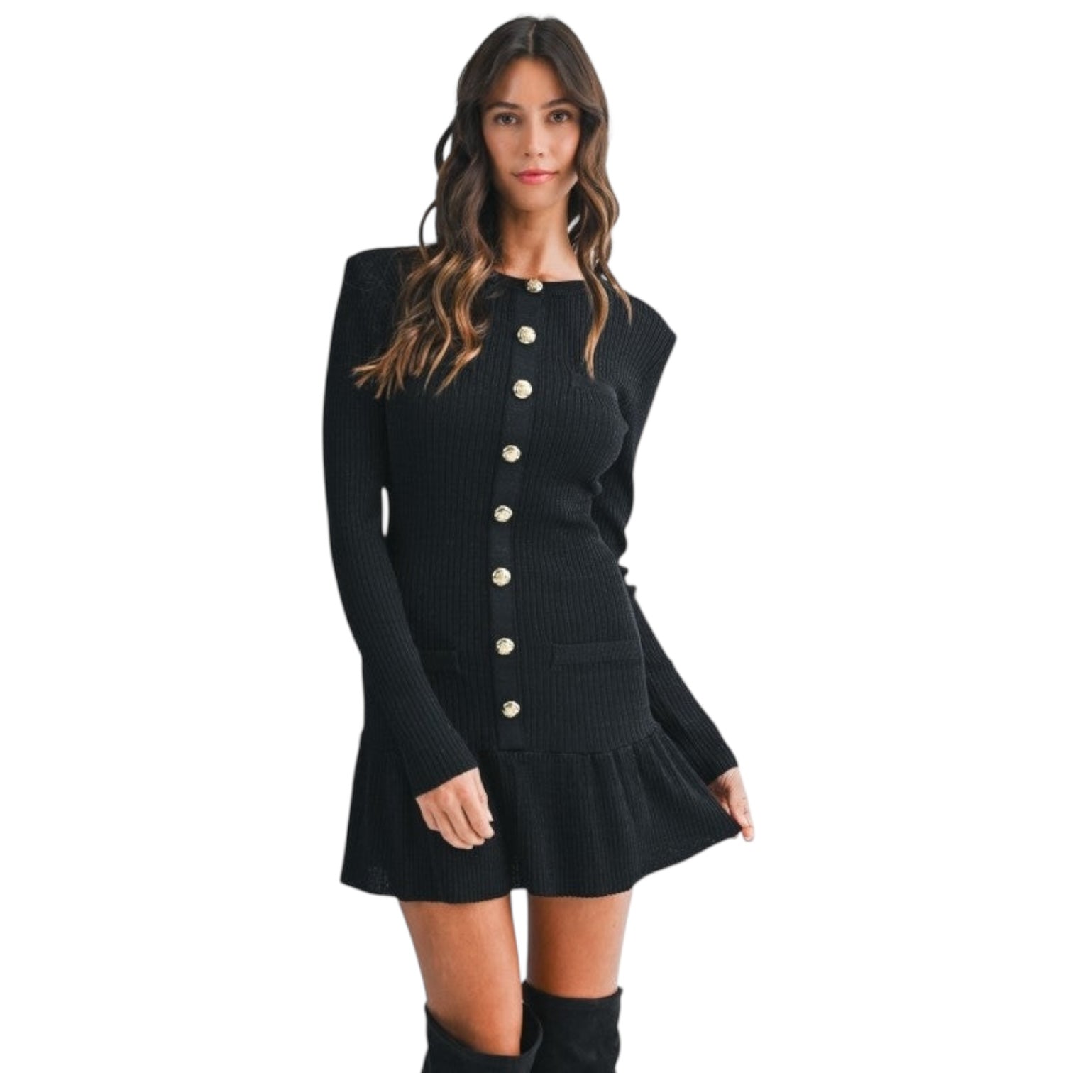 Black dress with button details worn by a model on a white background