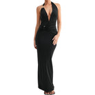 Black halter neck gown on a white background