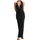 Black halter neck gown on a white background