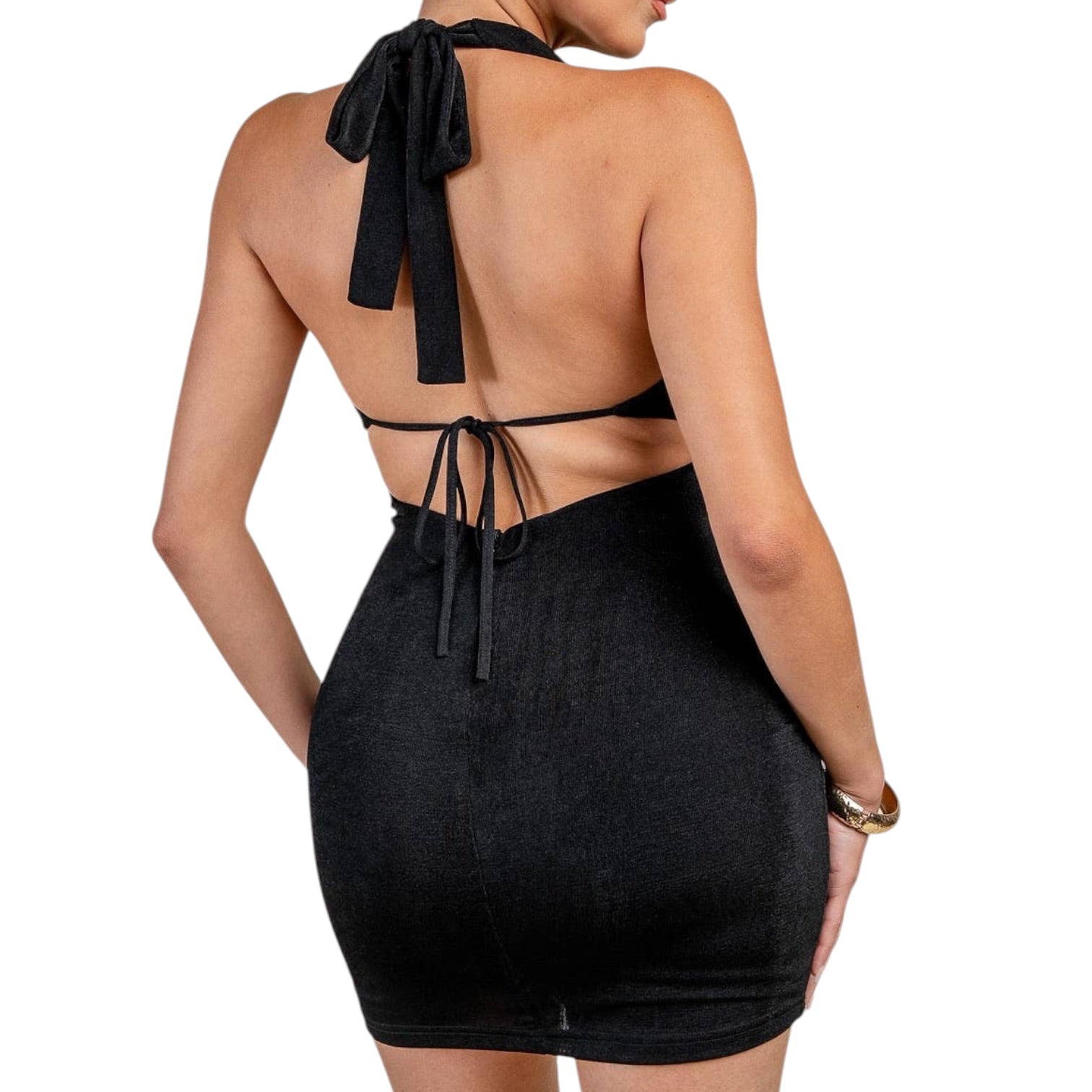 Black dress with open back on a white background