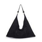 Black handbag with a strap on a white background