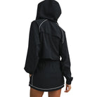 Black hooded outfit with white trim on a white background