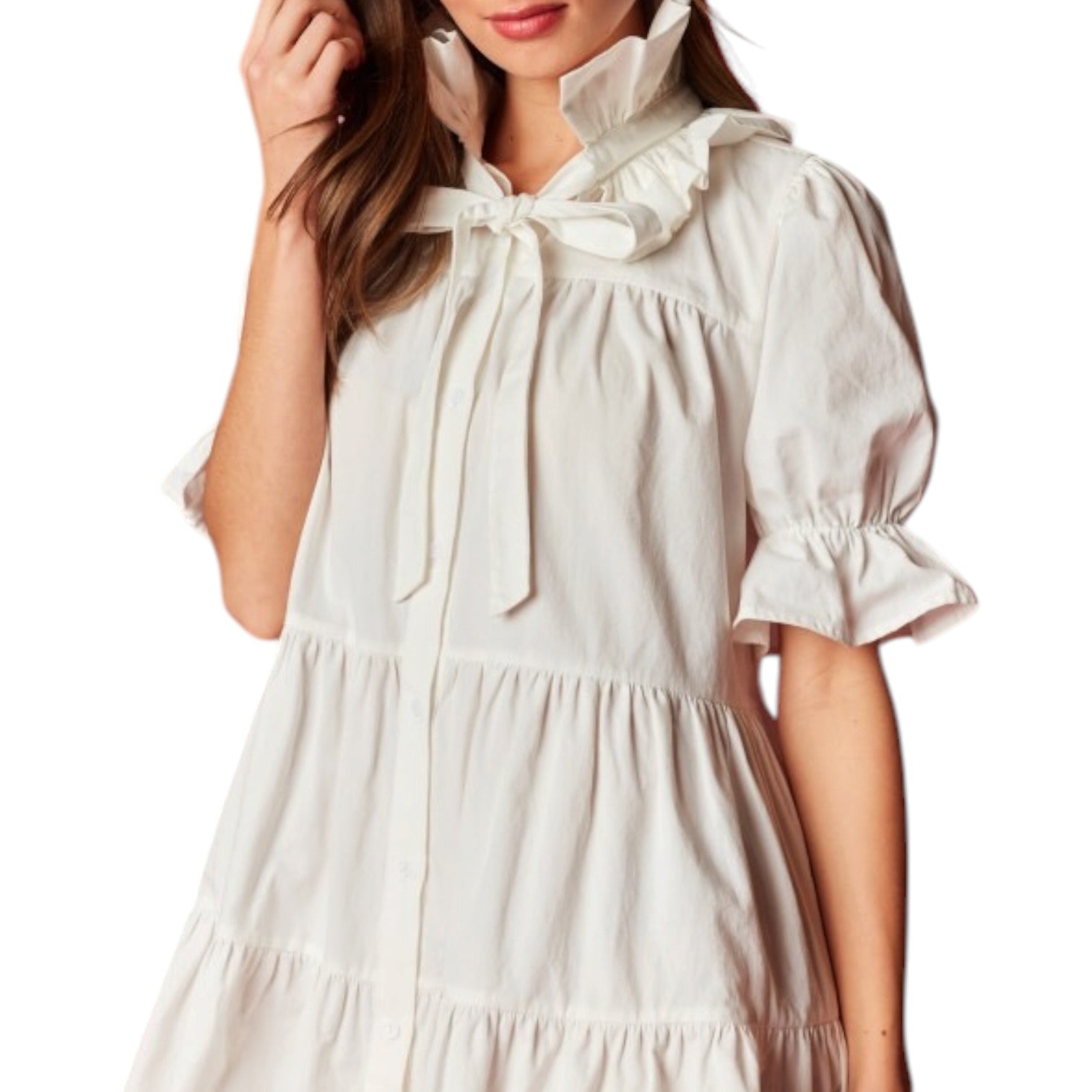 White dress with a bow detail on a white background