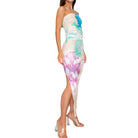 Multicolored strapless dress with floral pattern on a white background