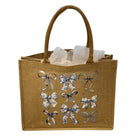 Brown tote bag with decorative bows on a white background