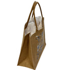 Brown tote bag with decorative elements on a white background