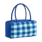 Blue checkered handbag with a red and white fish design on a white background
