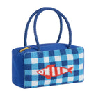 Blue checkered handbag with a red and white fish design on a white background