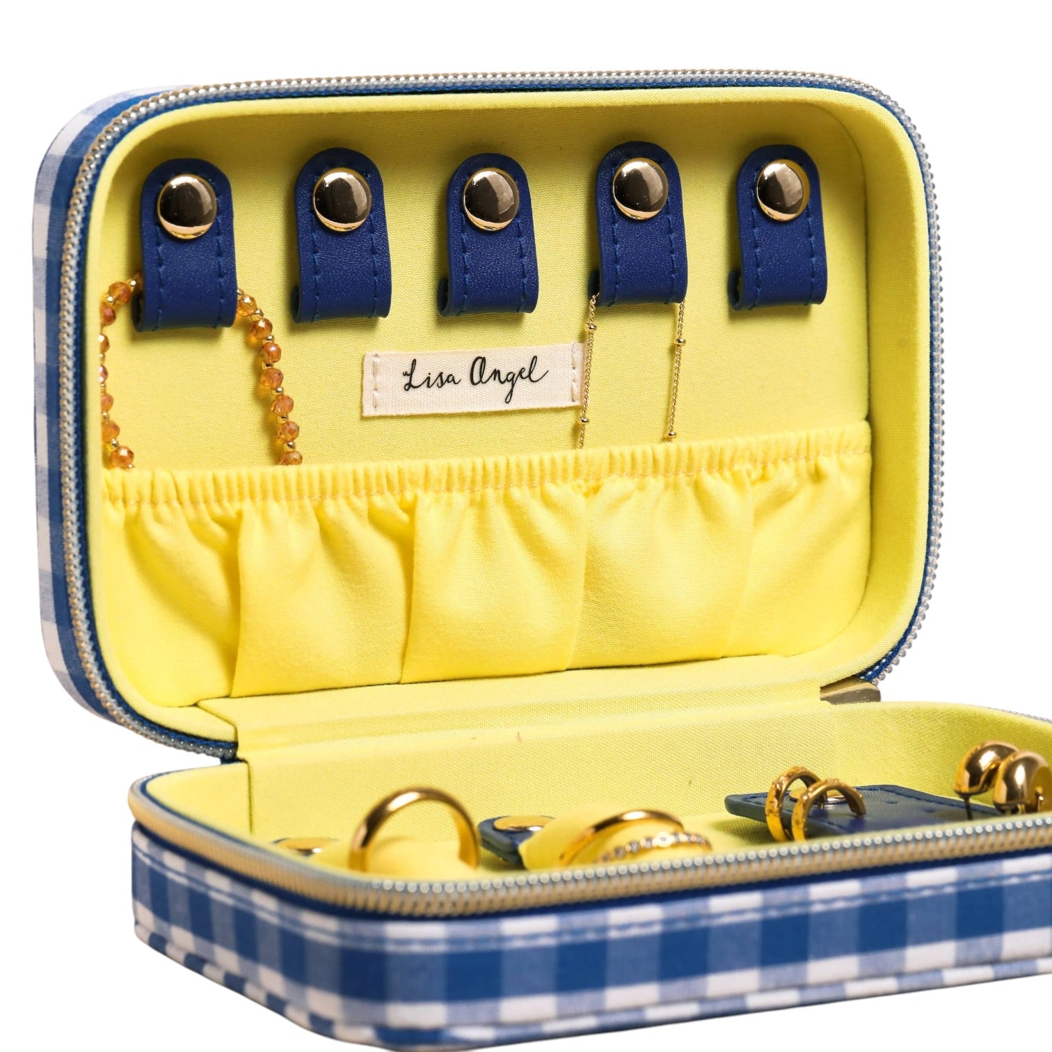 Jewelry case with blue and yellow interior, containing jewelry items.