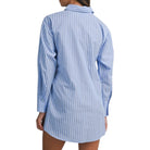Blue and white striped shirt worn by a person on a white background
