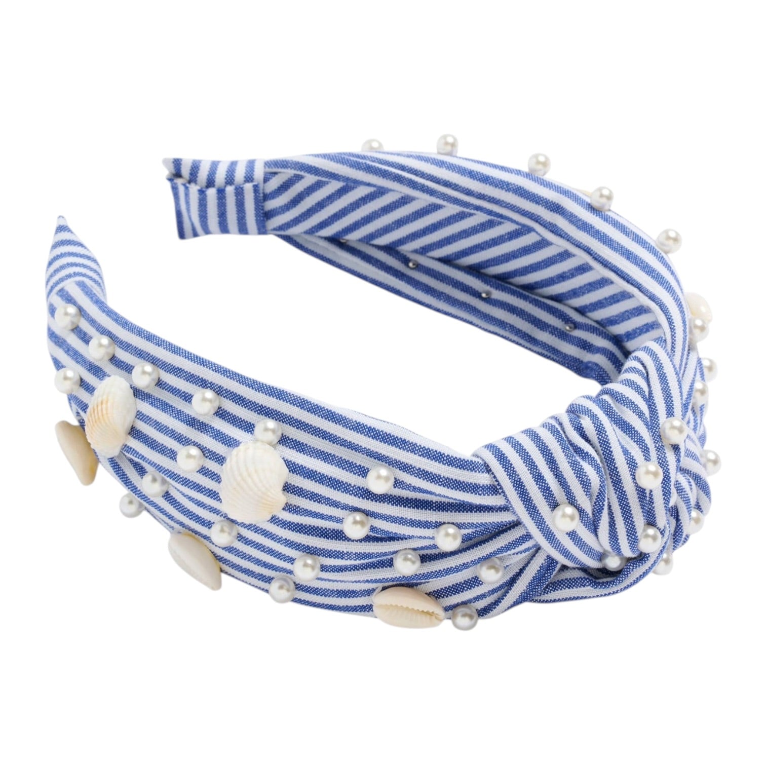 Blue and White striped knotted headband with pearls and seashells on white background