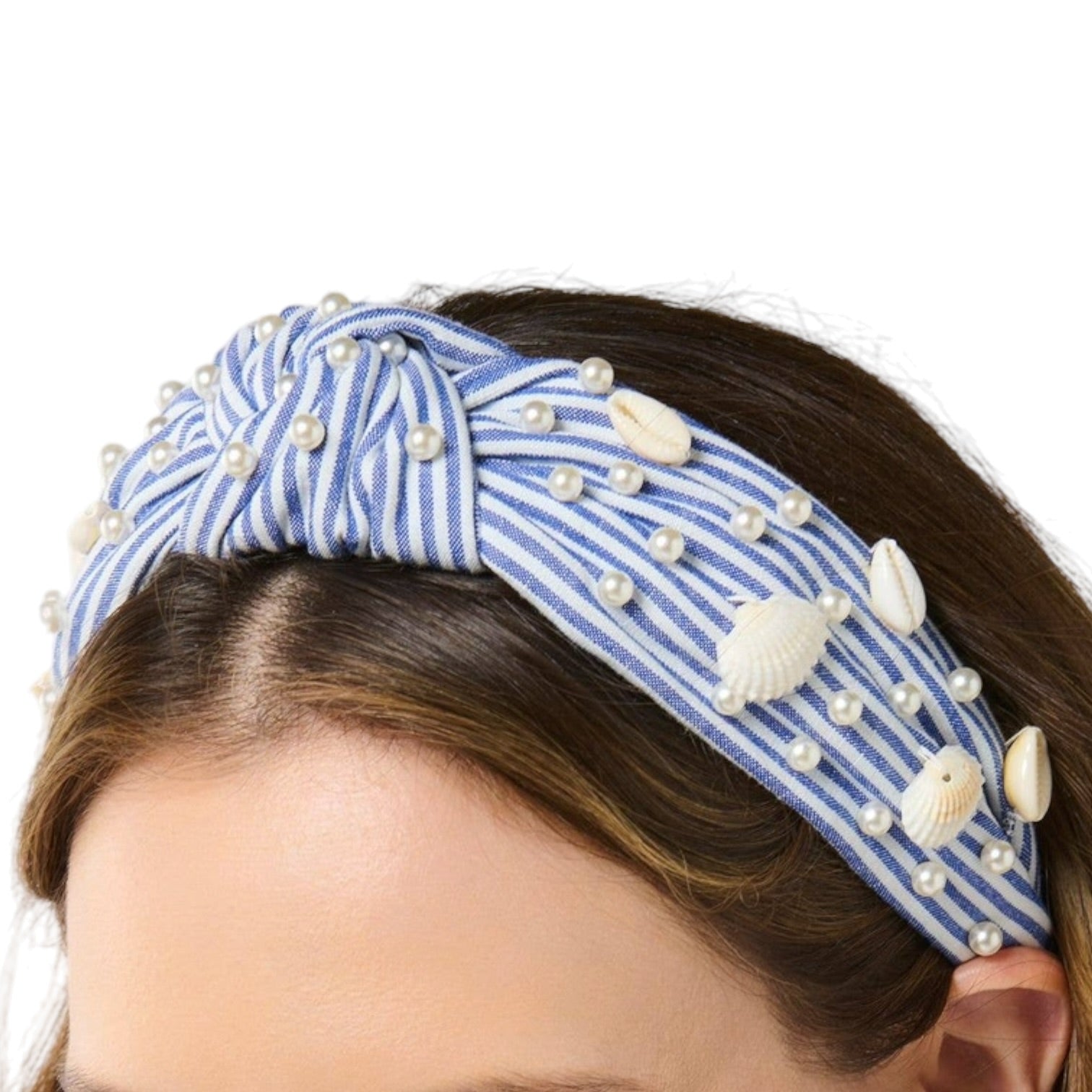 Blue and White striped knotted headband with pearls and seashells on white background