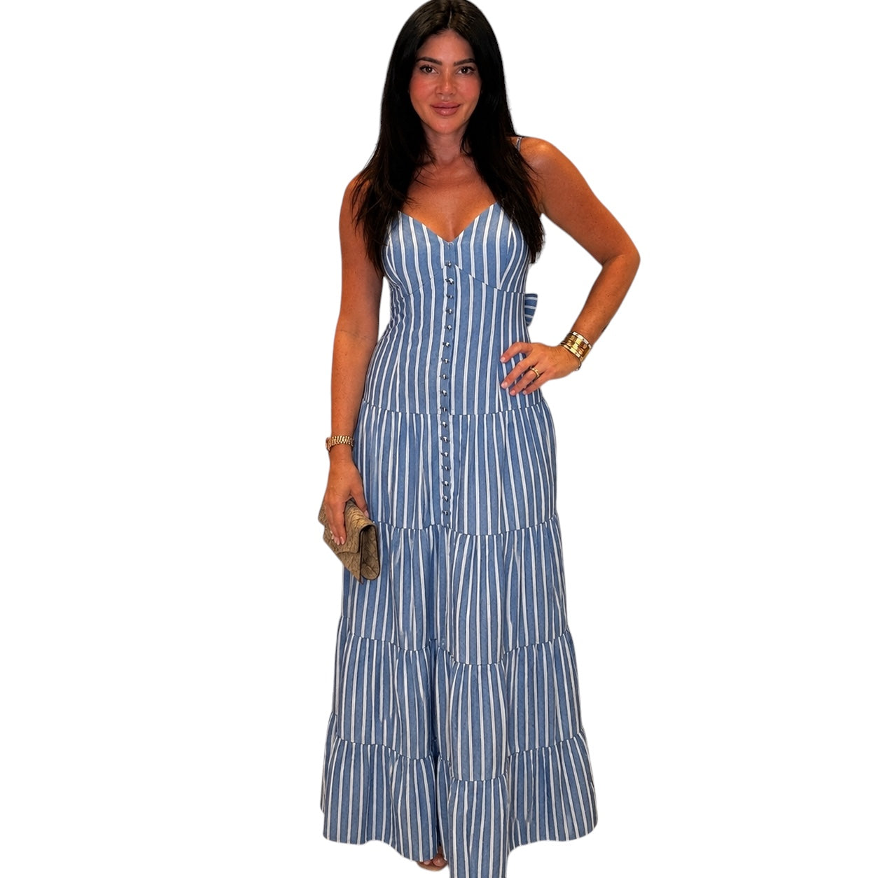 Blue Stripe Denim Tiered Maxi Dress
